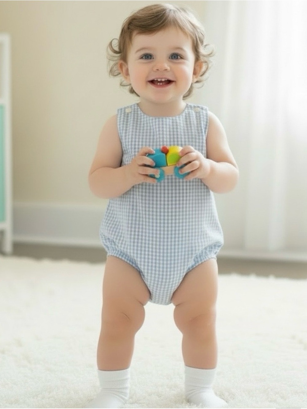 Size 2T Blue Gingham Baby One-Piece Romper by Classic Whimsy